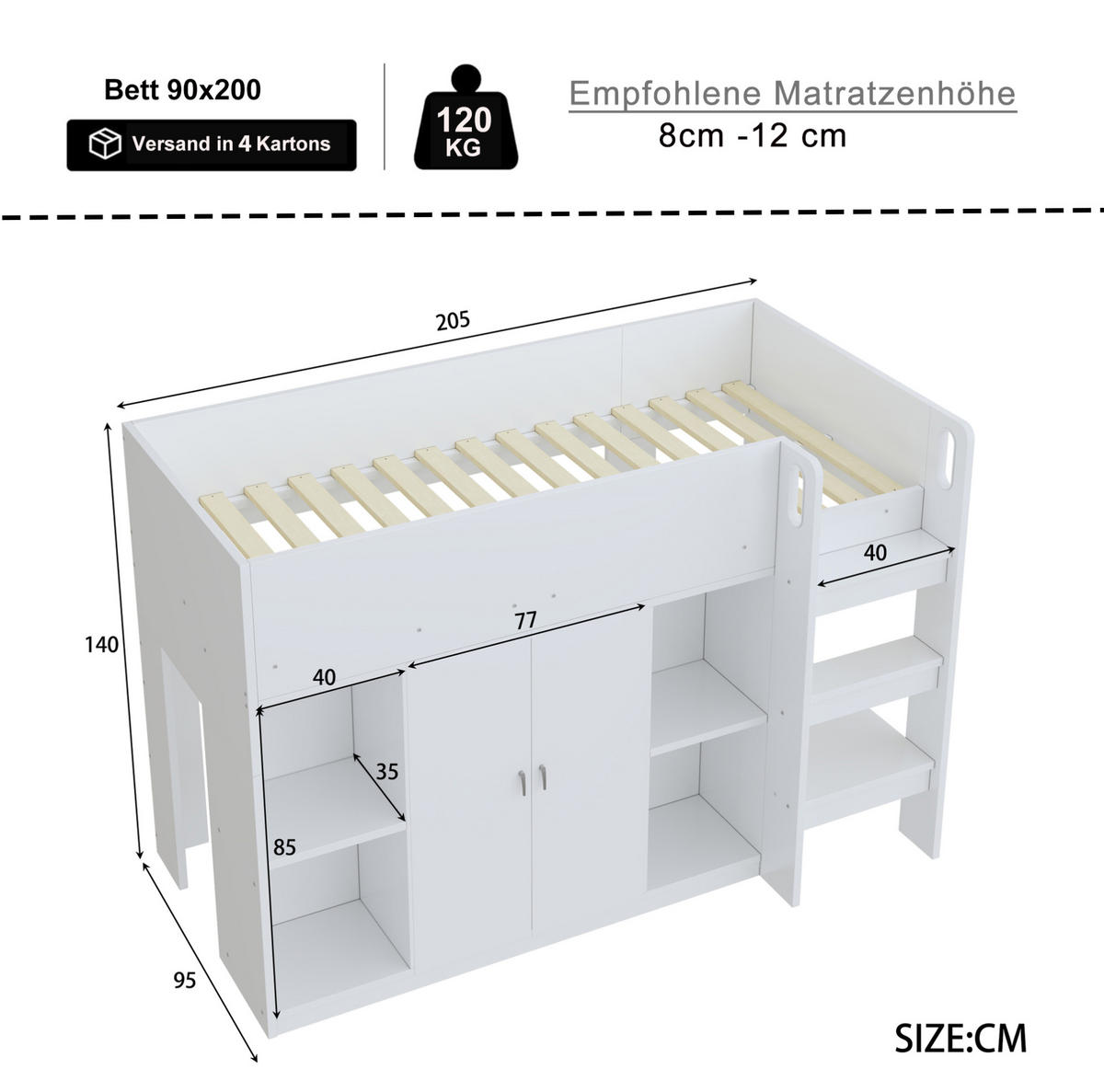 VYVÝŠENÁ posteľ 90/200 cm, biela/sivá, z materiálu na báze dreva so skriňou a regálmi - biela, drevo (90/200cm) - BEAOK