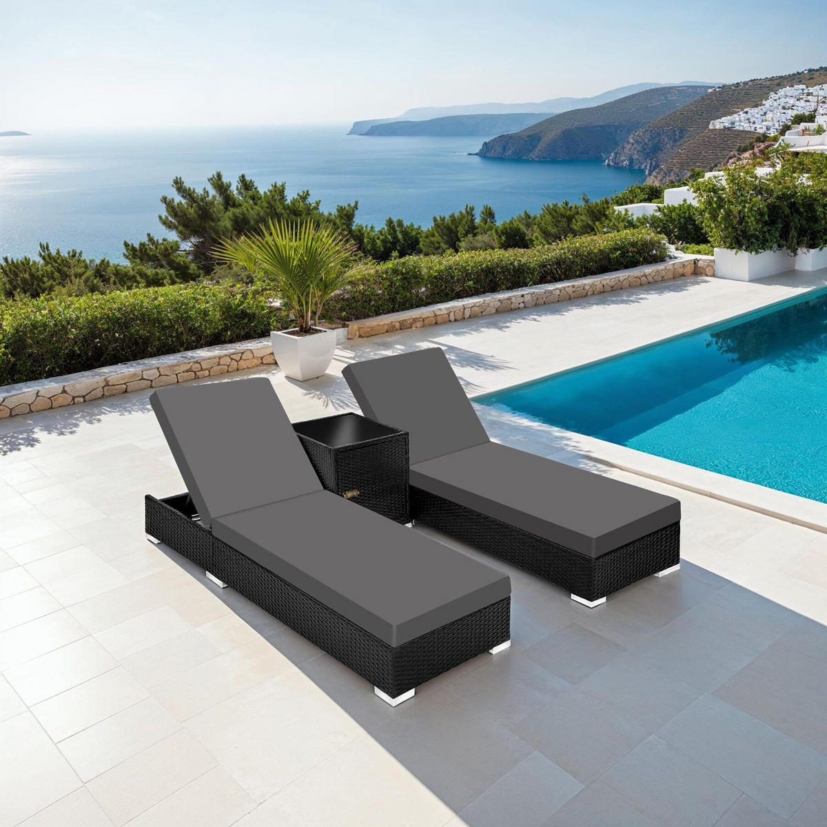 RATTAN-SONNENLIEGEN 2er Set, wetterfest und UV-beständig, schwarz - Schwarz, Kunststoff (60/21/184cm) - tectake