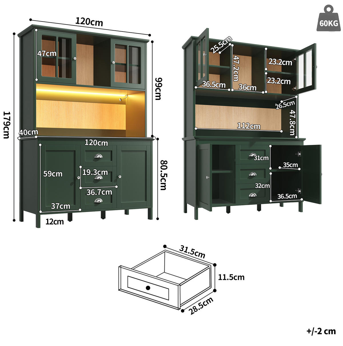 KÜCHENSCHRANK mit LED 120 x 40 x 179 cm MDF Grün - Grün, Holzwerkstoff (40/179/120cm) - Meubliv