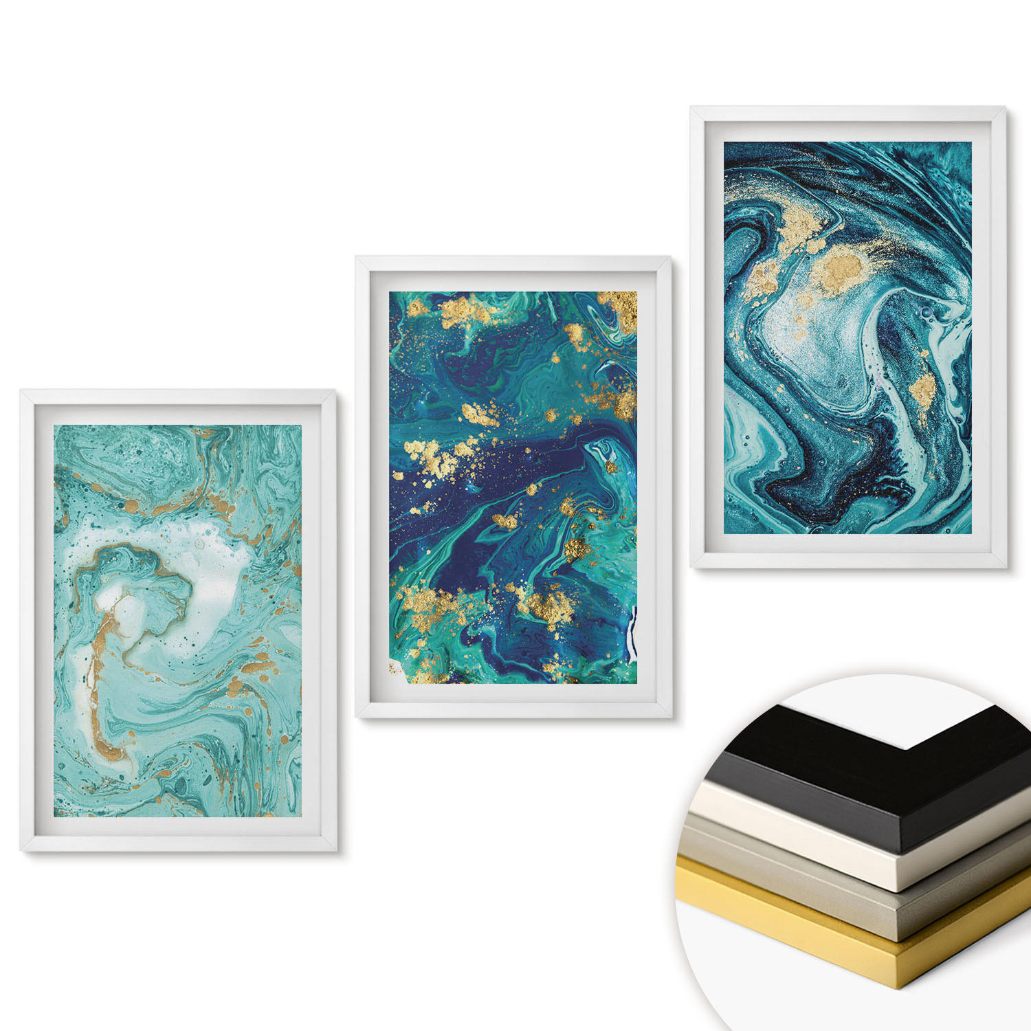 WANDBILDER 3er-Set - 40x60 cm Weißer Rahmen - Abstraktion von Türkisfarbe - Weiß, Kunststoff (40/60cm) - ArtPrintCave