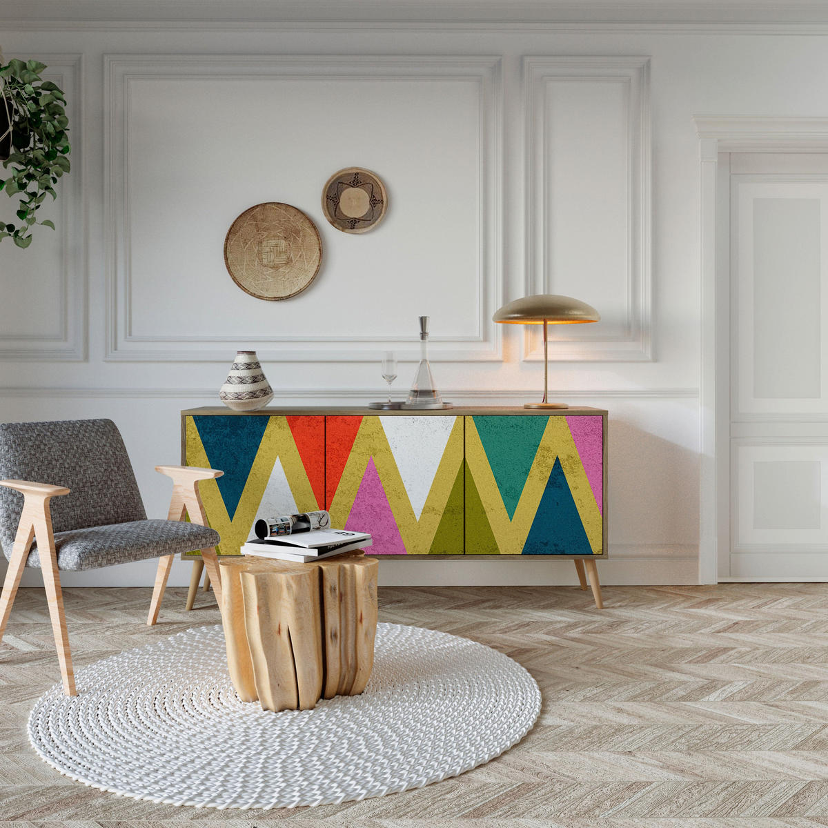 SIDEBOARD COLORFUL TRIANGLES, Eicheneffekt, 164,5x42x77,5 cm, 3 Türen - Eichefarben/Buchefarben, Holzwerkstoff/Buchenholz (164.5/77.5/42cm) - SpaceRebels