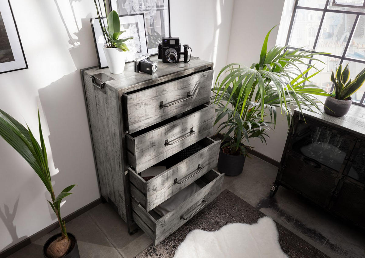 KOMMODE Mango 81x46x122 grau lackiert HEAVY INDUSTRY #117 - Grau, Holz (81/122/46cm) - Massivmoebel24