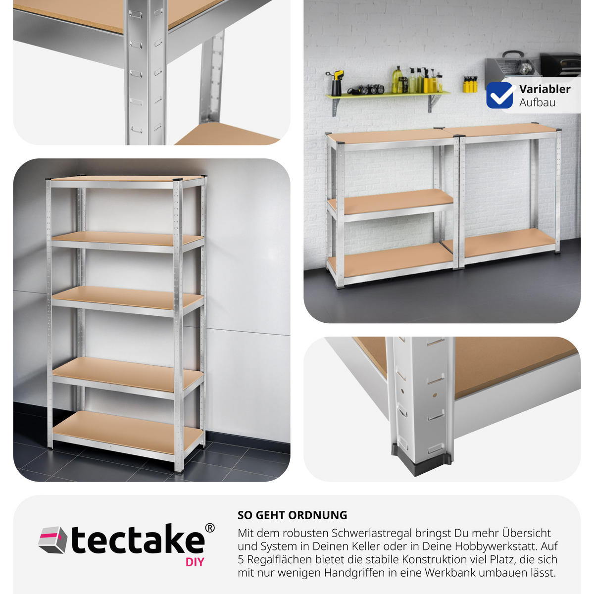 SCHWERLASTREGAL , schnelle Montage, silber - Silberfarben, Metall (40/180/90cm) - tectake