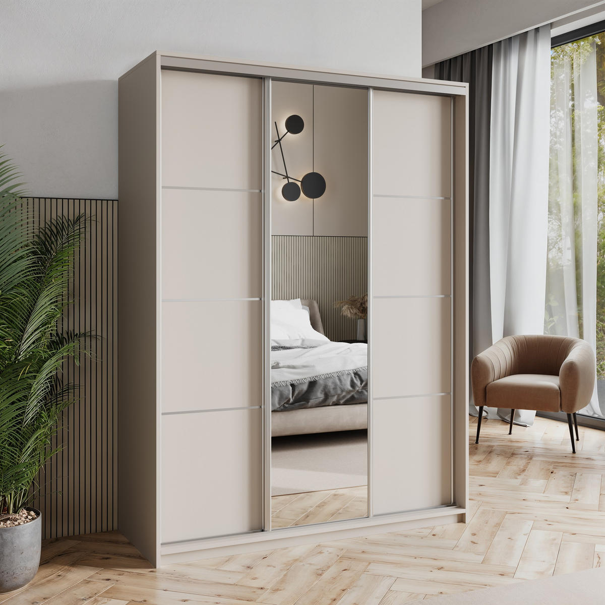 SCHWEBETÜRENSCHRANK VARO 150/205/60 cm 3-türig mit Spiegel Kaschmir - Kaschmir, Holzwerkstoff (150/205/60cm) - MASSENO
