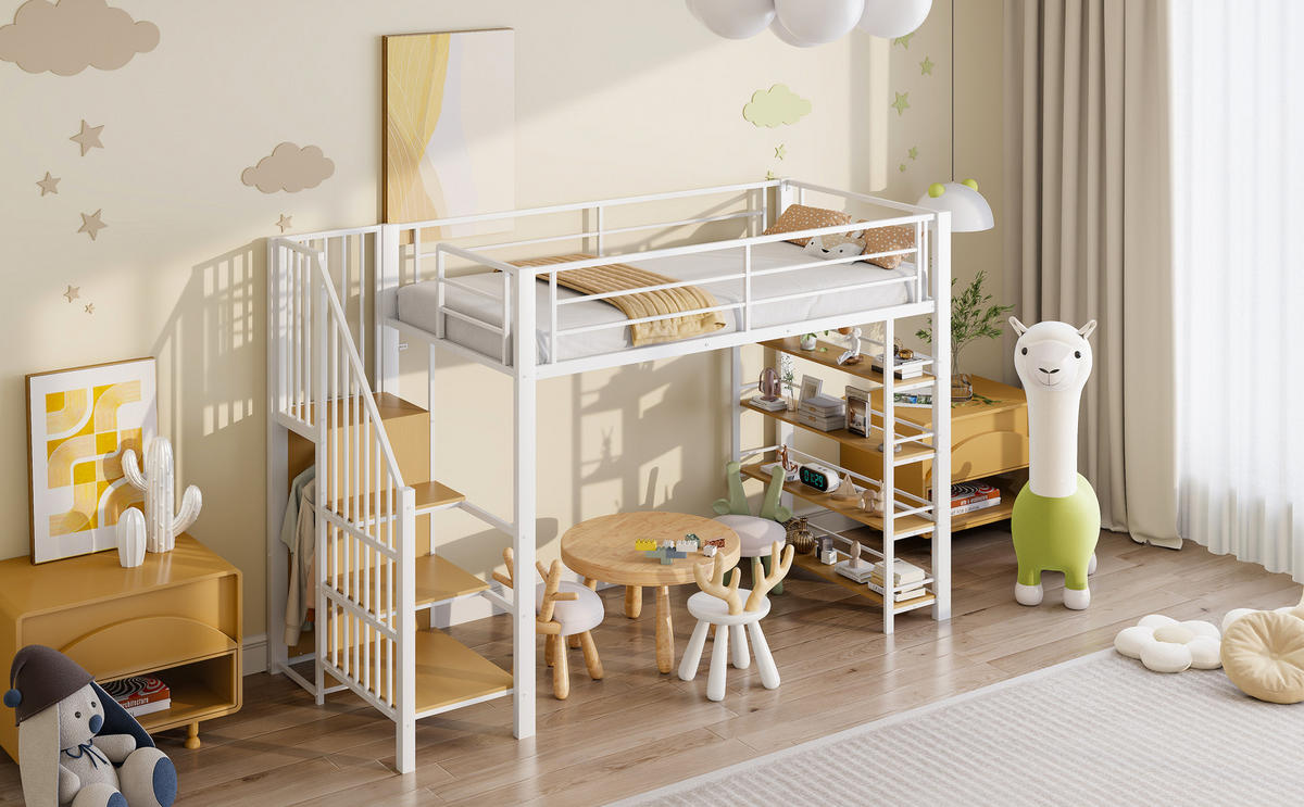 HOCHBETT 90x200 Stauraum Kleiderschrank Treppe Einlegeböden Weiß - Weiß, Metall - FLIEKS