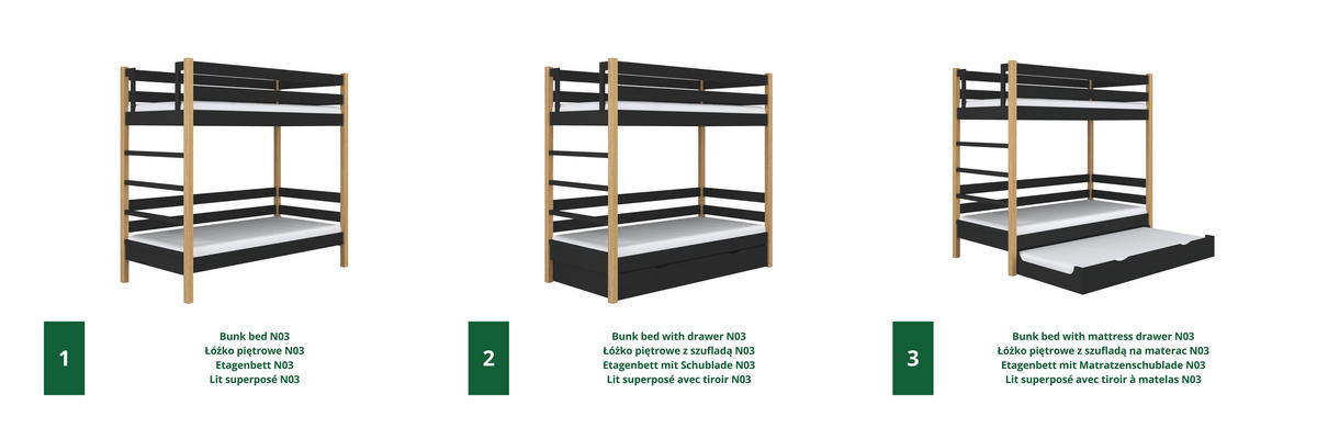 ETAGENBETT N03 mit Matratzenschublade Schwarz / Eiche Natur 120/180 - Schwarz/Eiche Artisan, Naturmaterialien/Holz (120/180cm) - N-Wood
