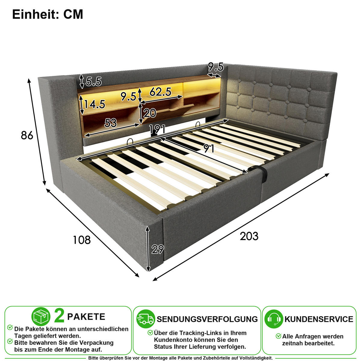 POLSTERBETT 90/190 cm in Grau mit Stauraum, LED und USB Leinen - Grau, Holzwerkstoff/Textil (90/190cm) - CHICFURN