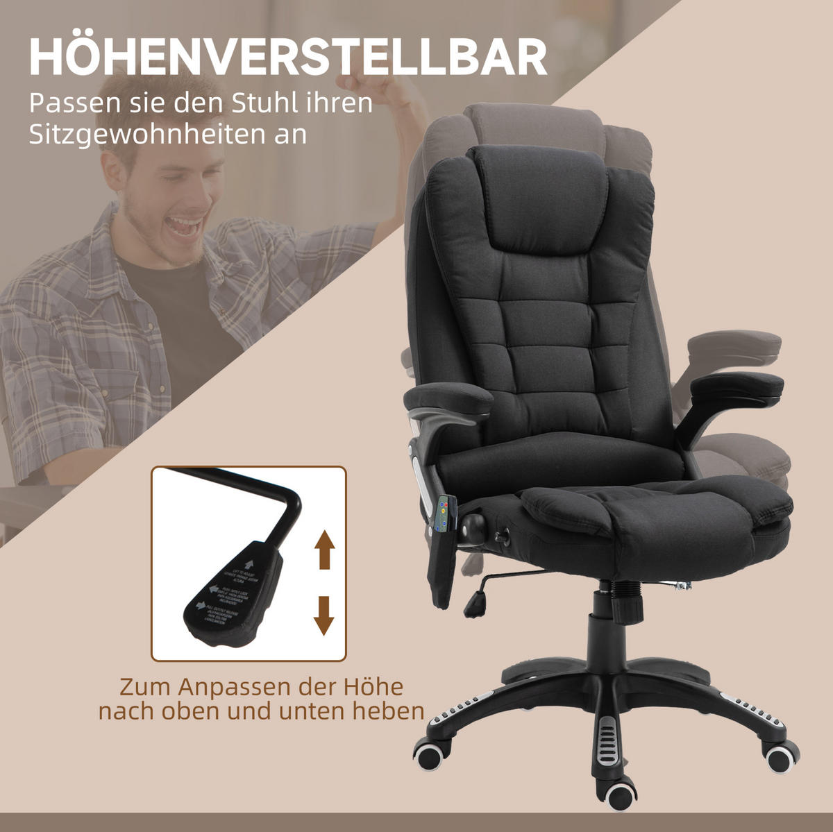 DREHSTUHL 68/72/110-120 cm schwarz aus Polyester mit Massage- und Heizfunktion - Schwarz, Kunststoff (74/120/67cm) - OKWISH