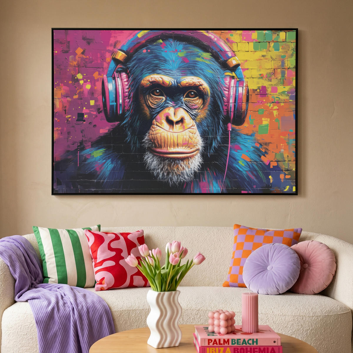 LEINWAND Bilder mit Rahmen - Graffiti - Schimpanse - Straßenkunst - Kopfhörer - Affe - 120x80 - Blau, Textil (120/80cm) - MuchoWow