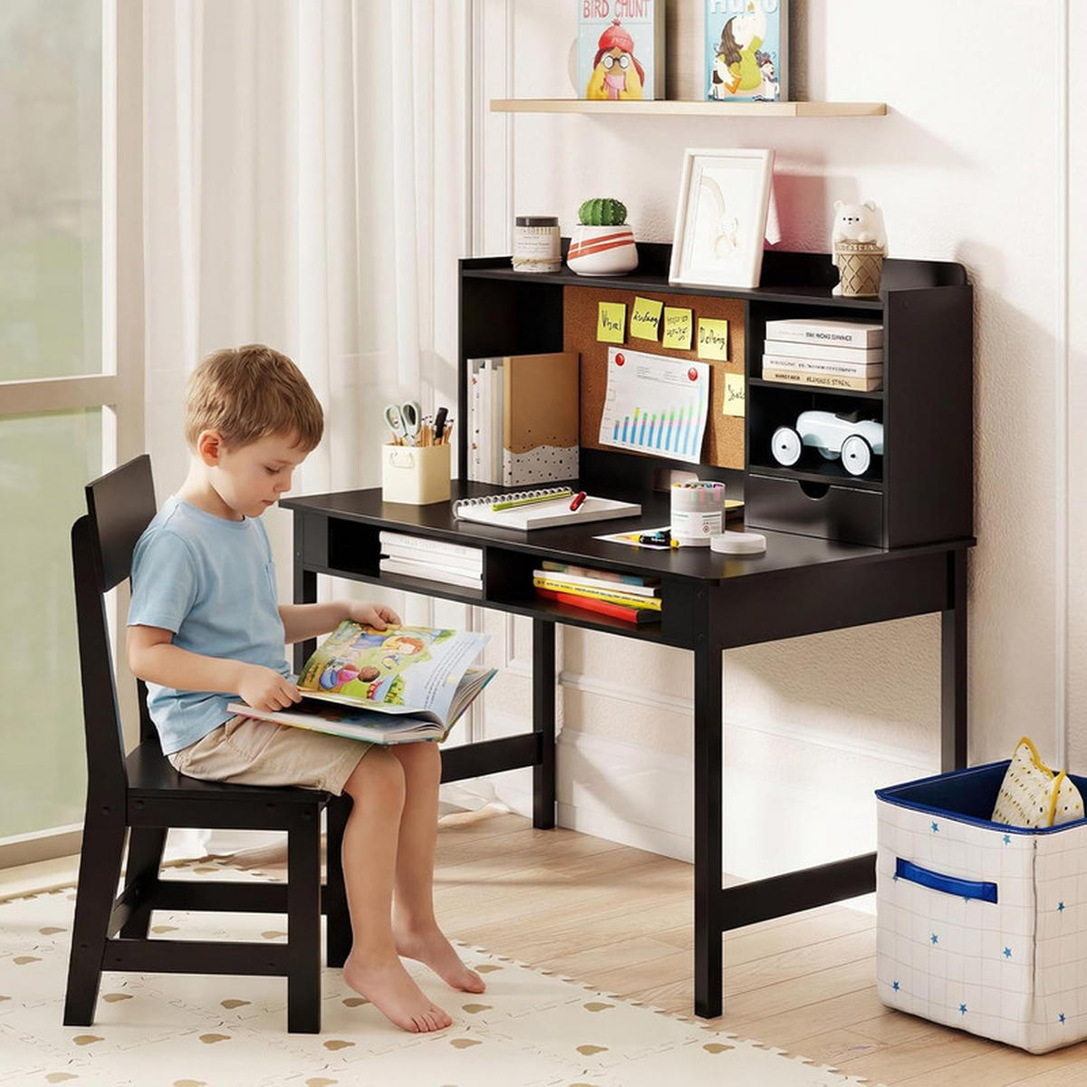KINDERSCHREIBTISCH-SET aus Holz schwarz(2-tlg) - Schwarz, Holzwerkstoff (110/110/60cm) - COSTWAY