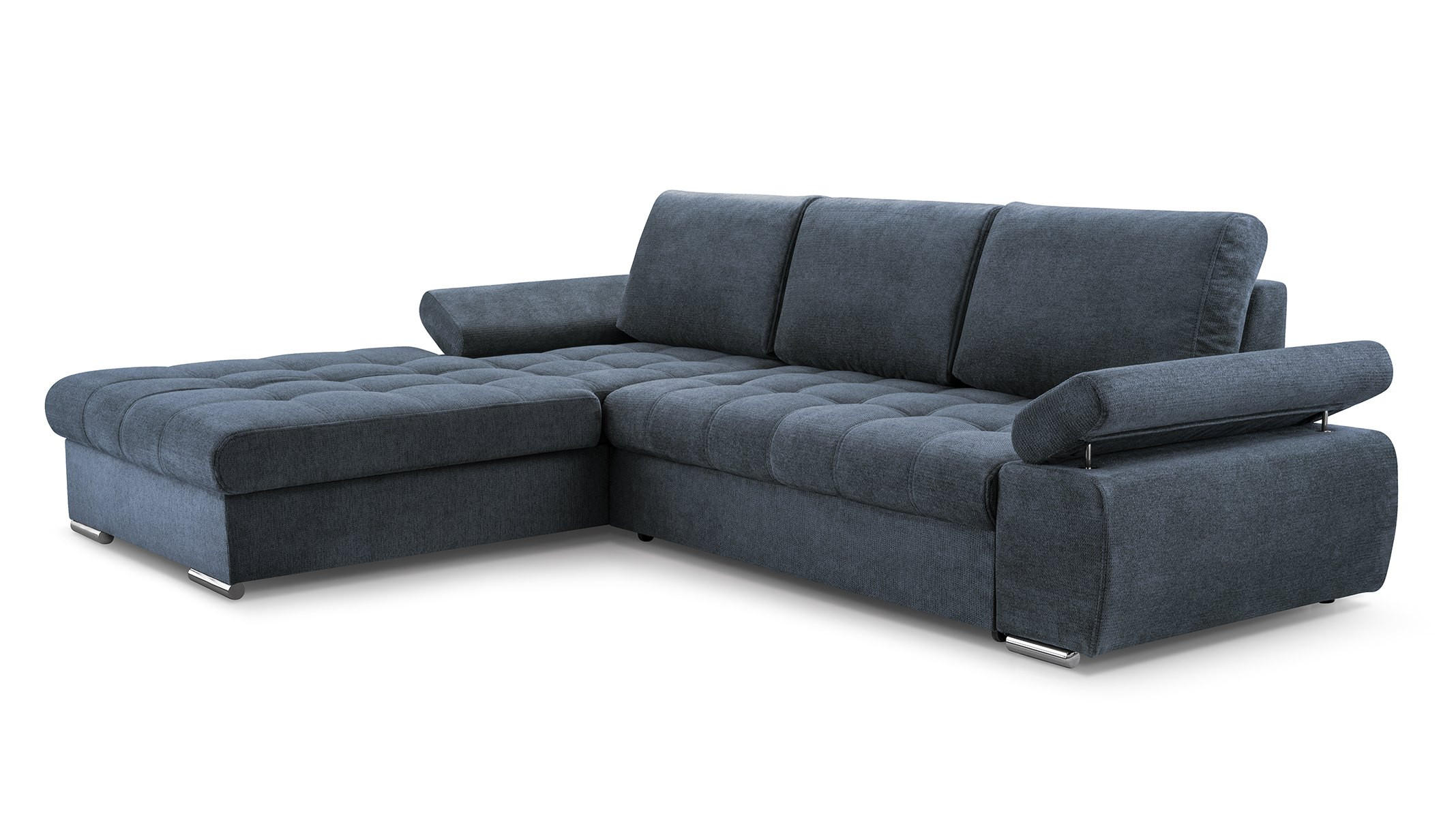 ECKSOFA SANDRO Blau Geflochtener Stoff mit Schlaffunktion - Blau, Holz (277/201cm) - MASSENO