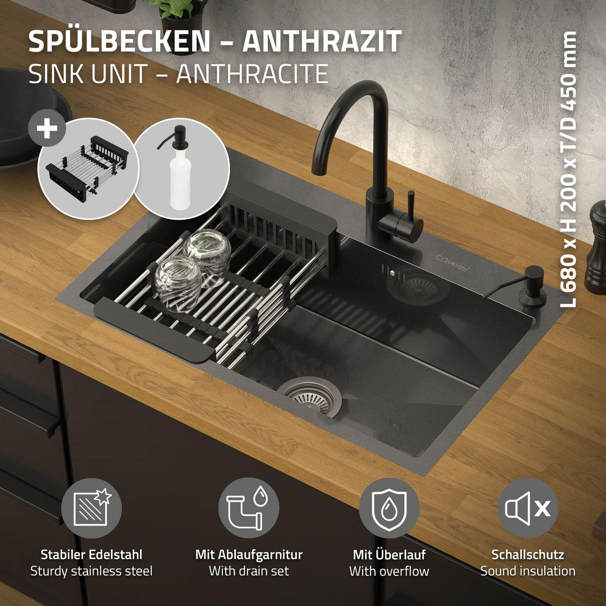 SPÜLBECKEN Edelstahl 68/45cm Anthrazit - Anthrazit, Metall (45/20/68cm) - ML-DESIGN