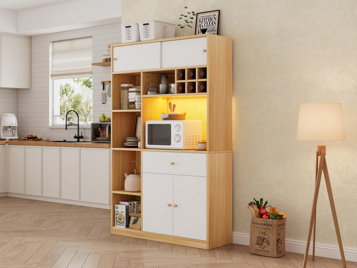 HIGHBOARD 115/35/180 cm, mit einstellbarer LED-Beleuchtung und viel Stauraum, Weiß/Natural - Naturfarben, Holzwerkstoff (115/180/35cm) - Redom
