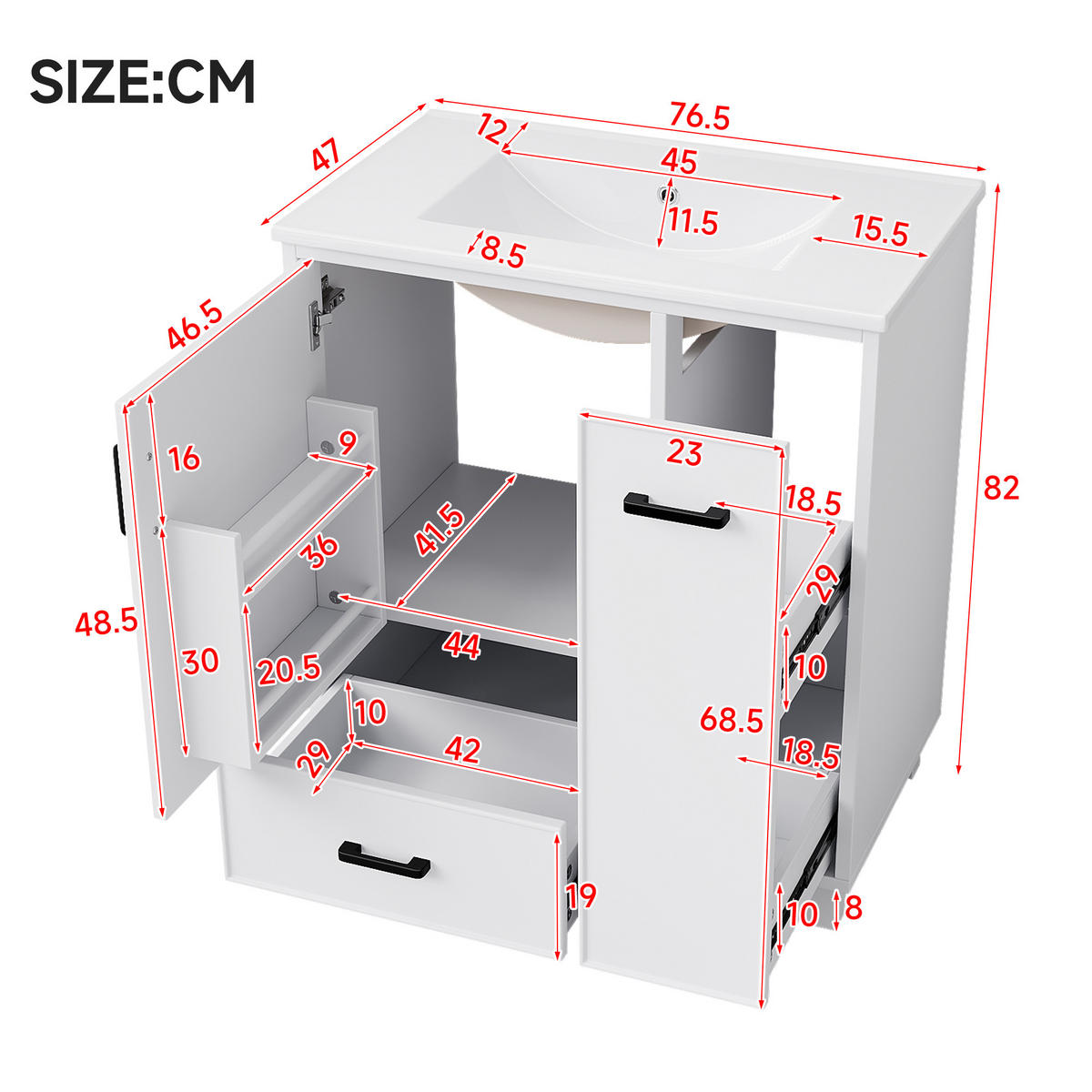 WASCHTISCHUNTERSCHRANK freistehend, Weiß mit Keramikbecken - Weiß, Holzwerkstoff (76.5/82/47cm) - Urban Meuble