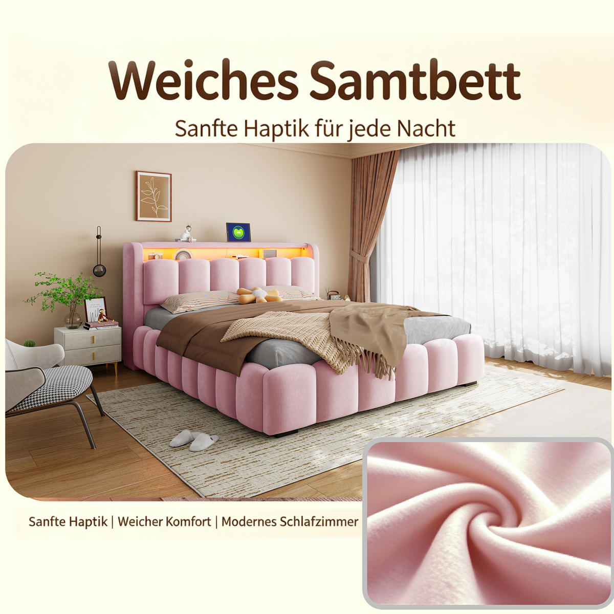 POLSTERBETT 180/200 mit LED/USB, Kopfteil Stauraum, Samt, Rosa - Rosa, Holz (180/200cm) - LVHOM