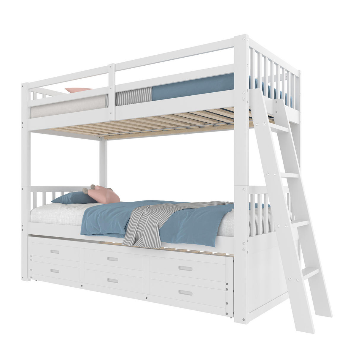 ETAGENBETT 90/200 cm aus Kiefernholz mit Ausziehbett und 3 Schubladen, Weiß - Weiß, Holz (90/200cm) - Flora Grace
