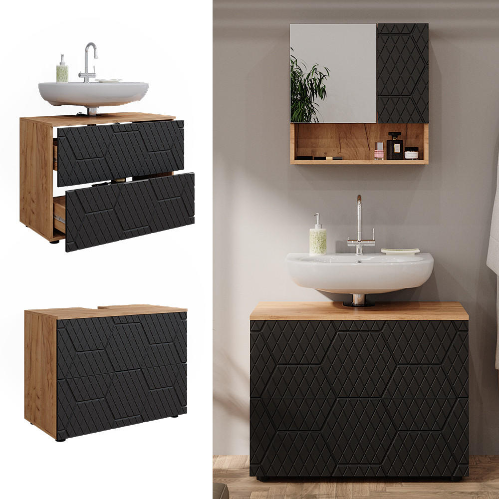 WASCHBECKENUNTERSCHRANK Irma Anthrazit gestreift 80 cm mit 2 Schubladen - Anthrazit/Eiche Wotan, Holzwerkstoff (41/58.6/80cm) - Vicco