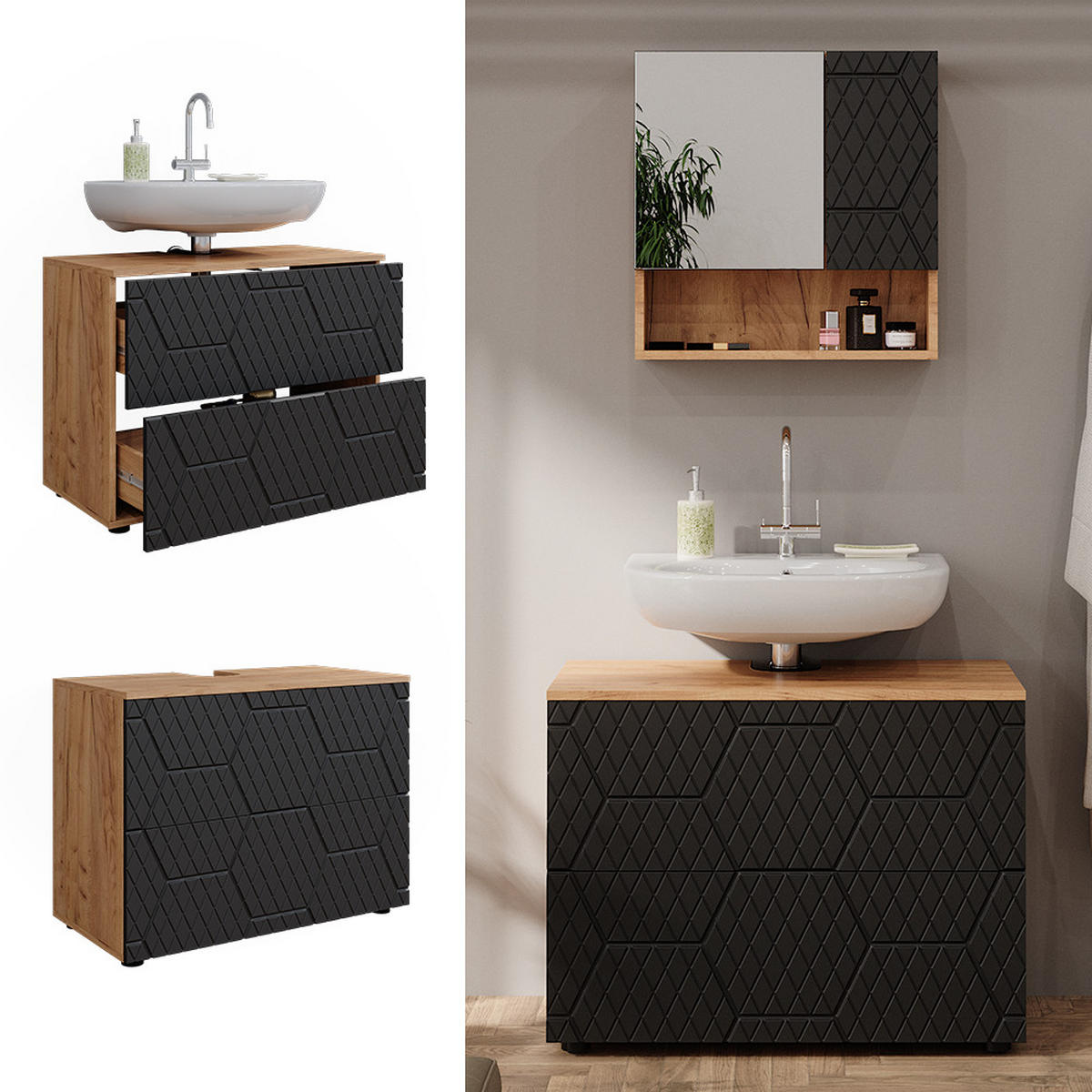 WASCHBECKENUNTERSCHRANK Irma Anthrazit gestreift 80 cm mit 2 Schubladen - Anthrazit, Holzwerkstoff (41/58.6/80cm) - Vicco
