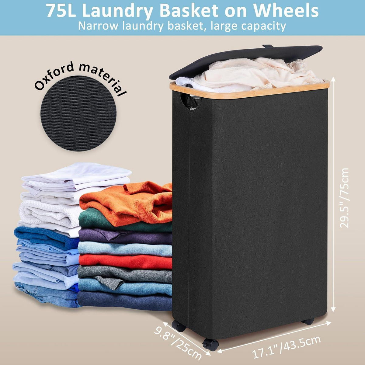 WÄSCHEKORB mit Rollen und Deckel 75L Schwarz - Schwarz, Textil (25.5/70/44cm)