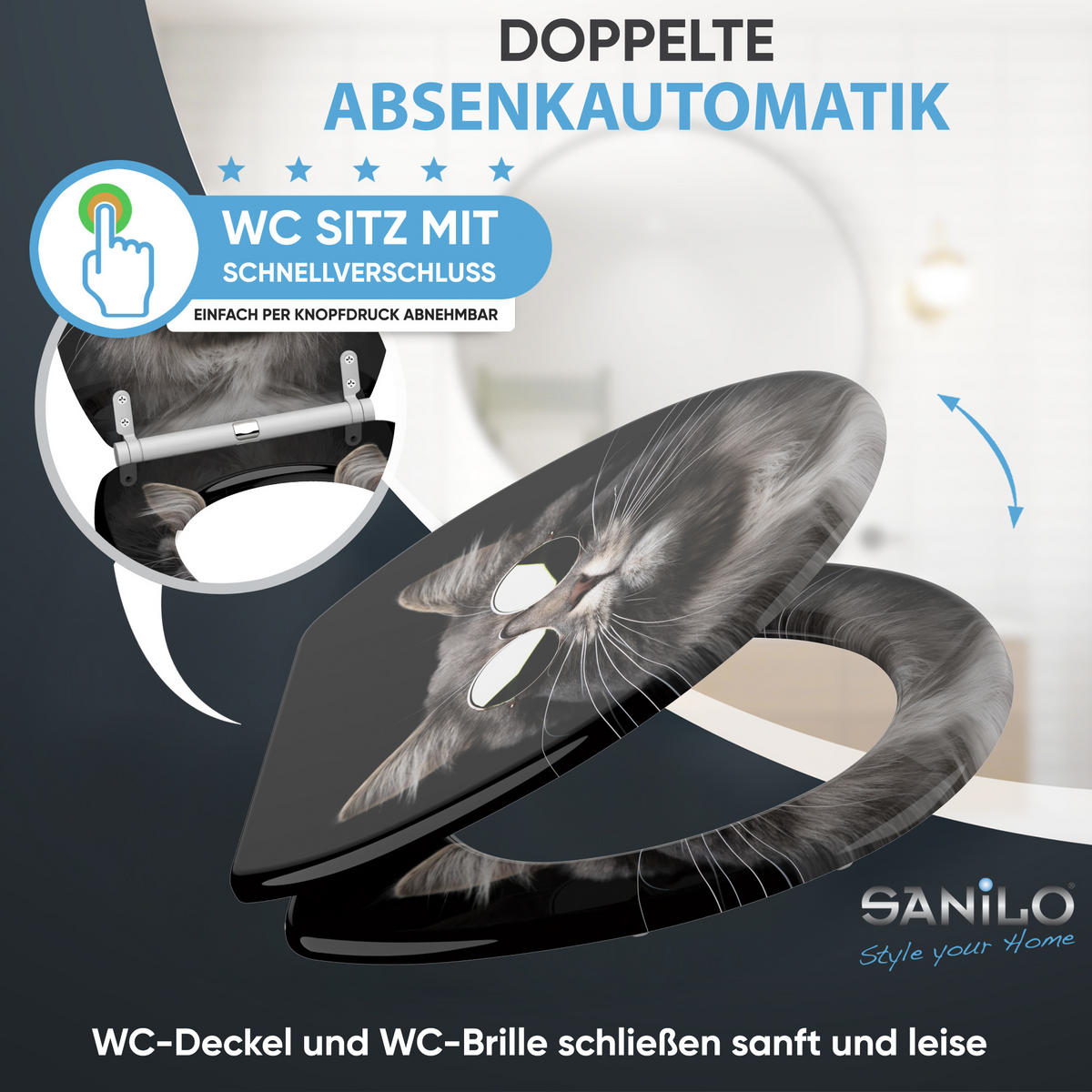 WC-SITZ mit Absenkautomatik & Top Fix Cool Cat - Schwarz, Holzwerkstoff (37.7/5.5/48cm) - Sanilo