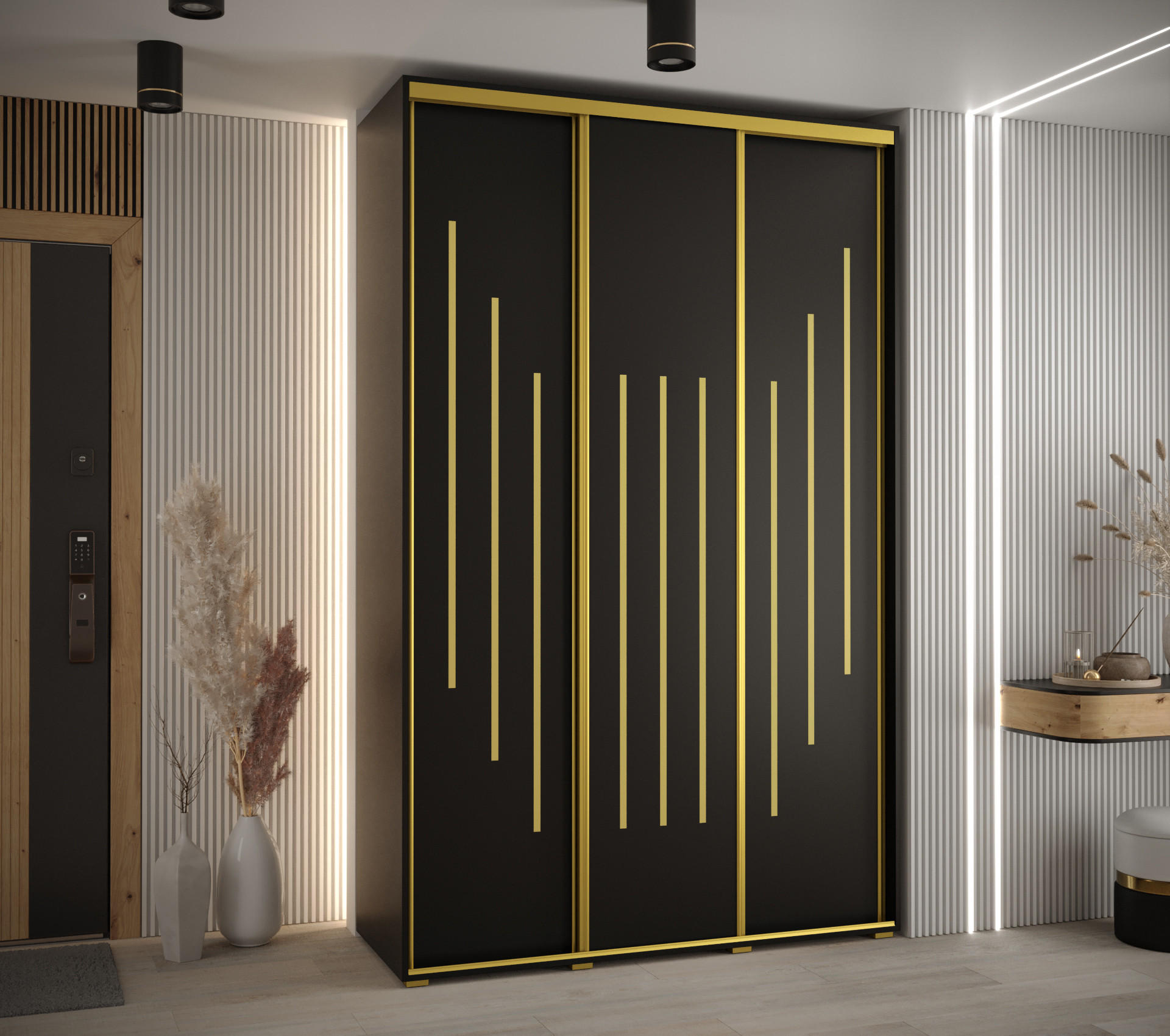 SCHWEBETÜRENSCHRANK 235,2/160/45 3-türig - Goldfarben/Schwarz, Holz/Metall (160/235/45cm) - Abiks Möbel