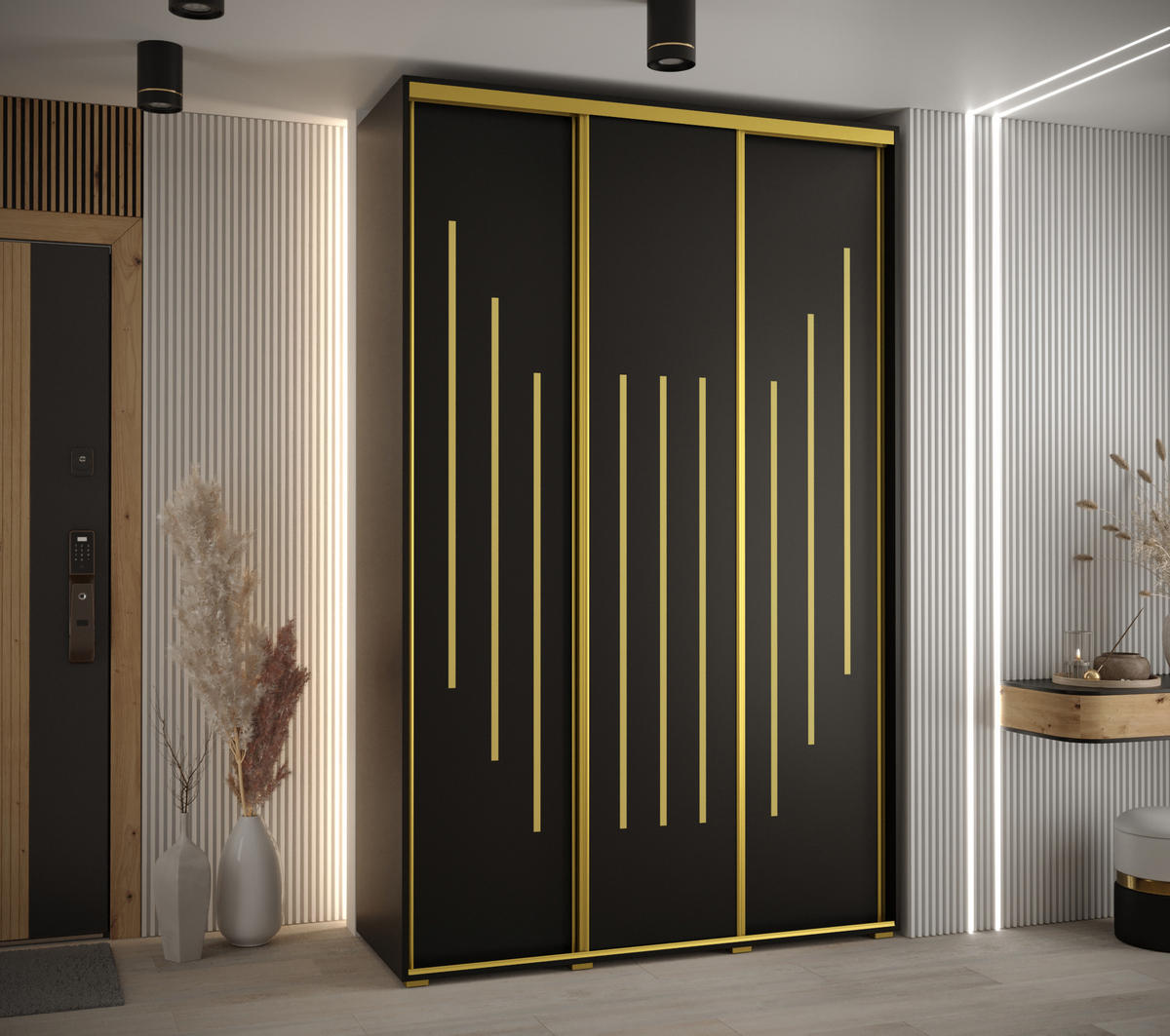 SCHWEBETÜRENSCHRANK 235,2/160/45 3-türig - Goldfarben/Schwarz, Holz/Metall (160/235/45cm) - Abiks Möbel