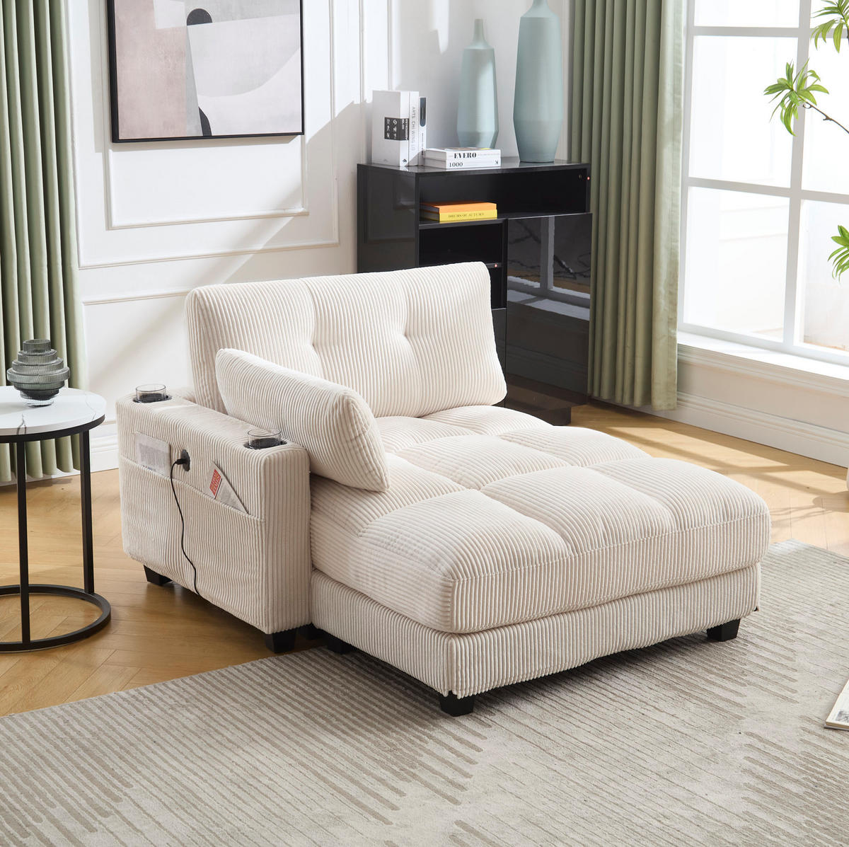 SESSEL mit USB und Getränkehaltern 140 x 112 x 81 cm Cord Beige - Beige, Holz (112/81/140cm) - Meubliv