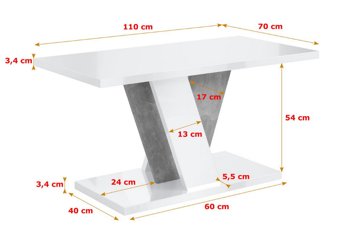 KAFFEETISCH 110x70x60 cm - Hochglanz Weiß / Betonoptik - INEY - Weiß Hochglanz, Holzwerkstoff (110/70/60cm) - ALTDECOR