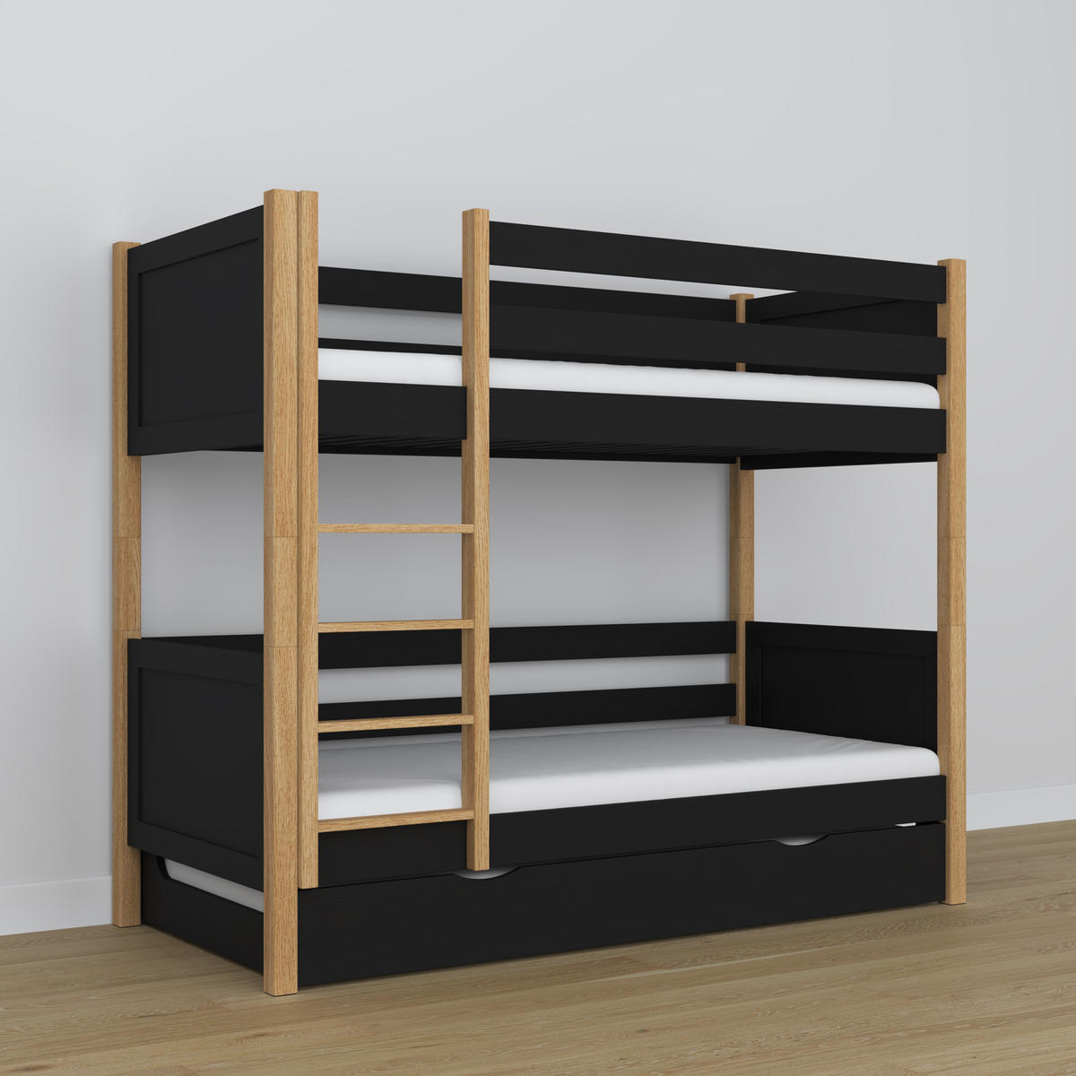 ETAGENBETT N02 mit Matratzenschublade Schwarz / Eiche Natur 120/190 - Schwarz/Eiche Artisan, Naturmaterialien/Holz (120/190cm) - N-Wood