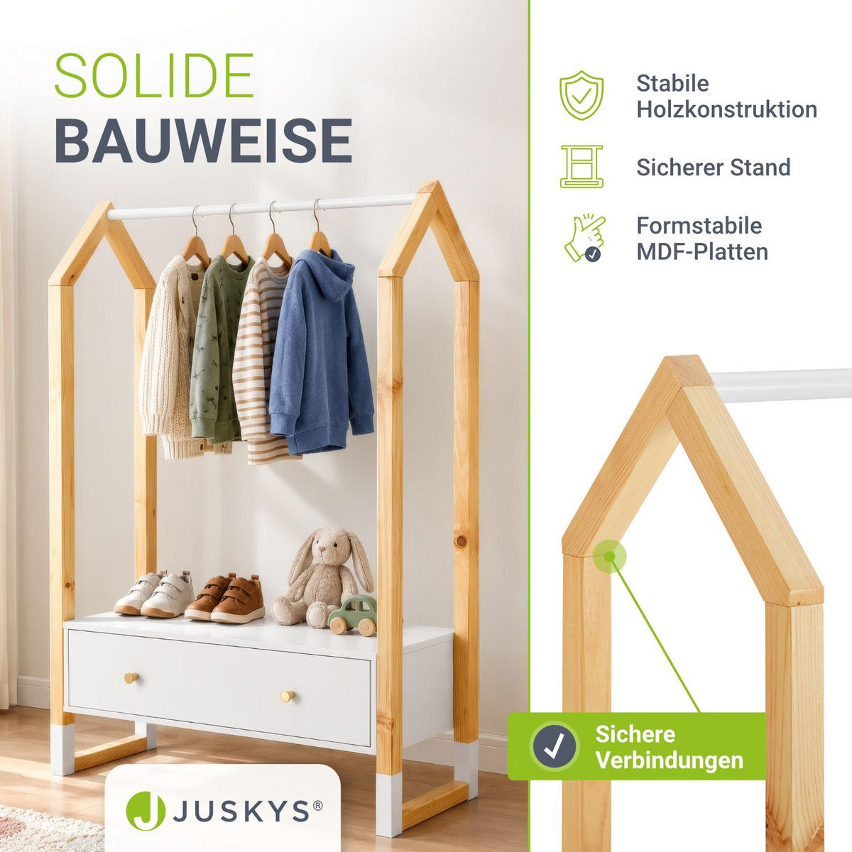KLEIDERSTÄNDER Filla mit großer Schublade - Weiß, Holz (30/30/80cm) - Juskys