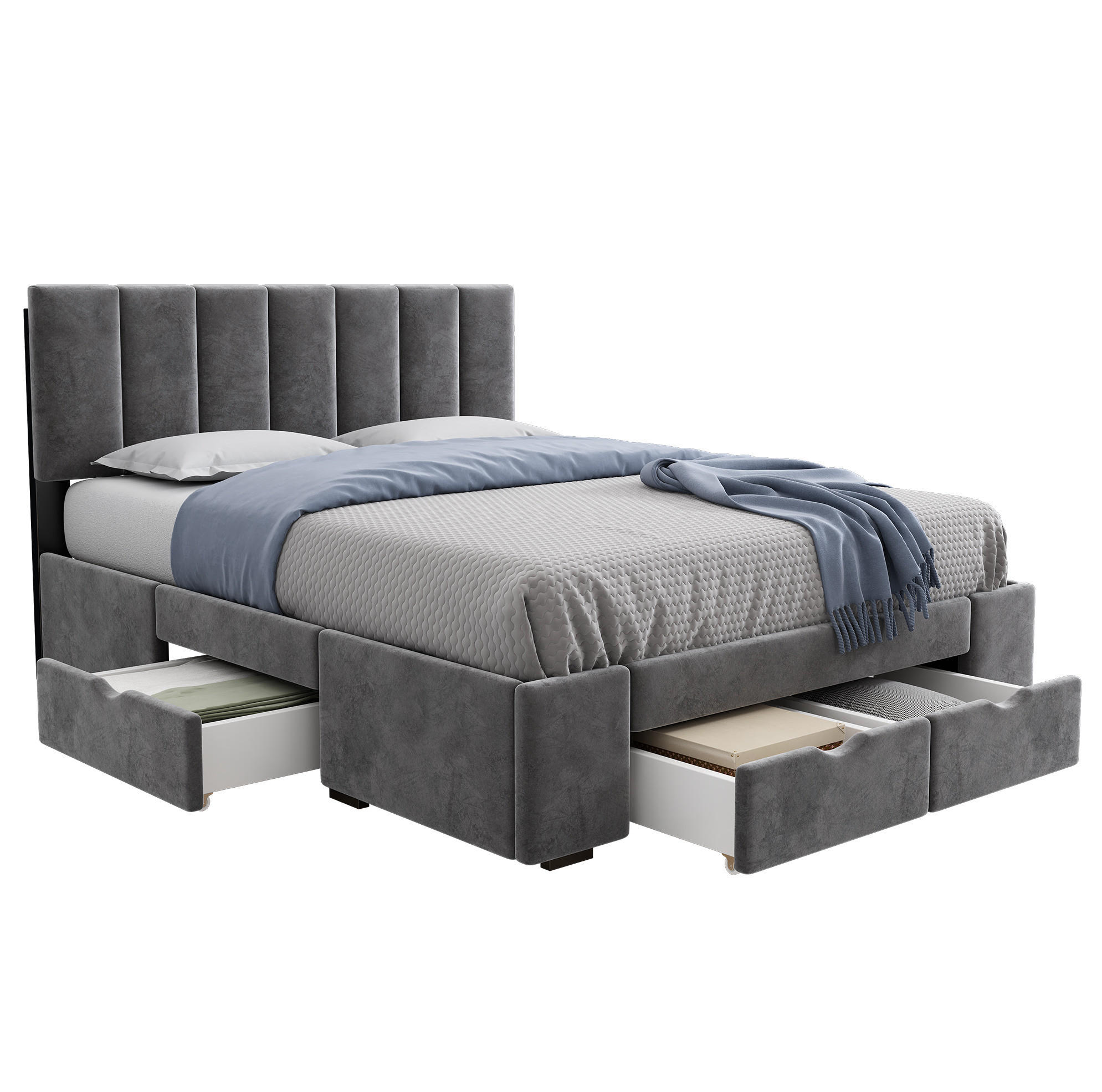POLSTERBETT 140/200 cm Grau aus Samt mit 4 Schubladen - Grau, Textil (140/200cm) - OKMYHOME