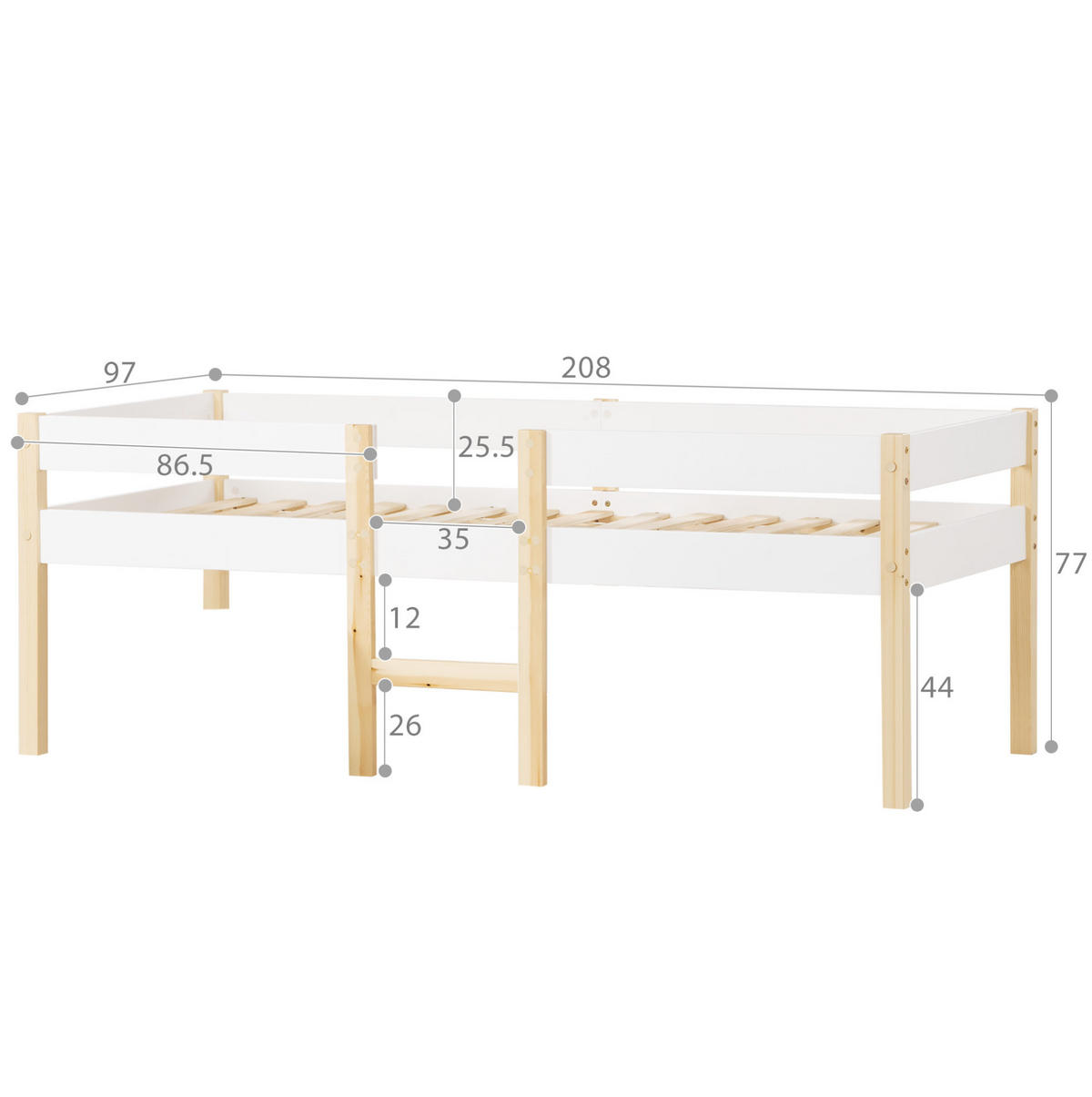 DETSKÁ posteľ 90/200 cm biela polovyvýšená s ochranou proti pádu z masívnej borovice a MDF - biela, drevo (90/200cm) - OKWISH