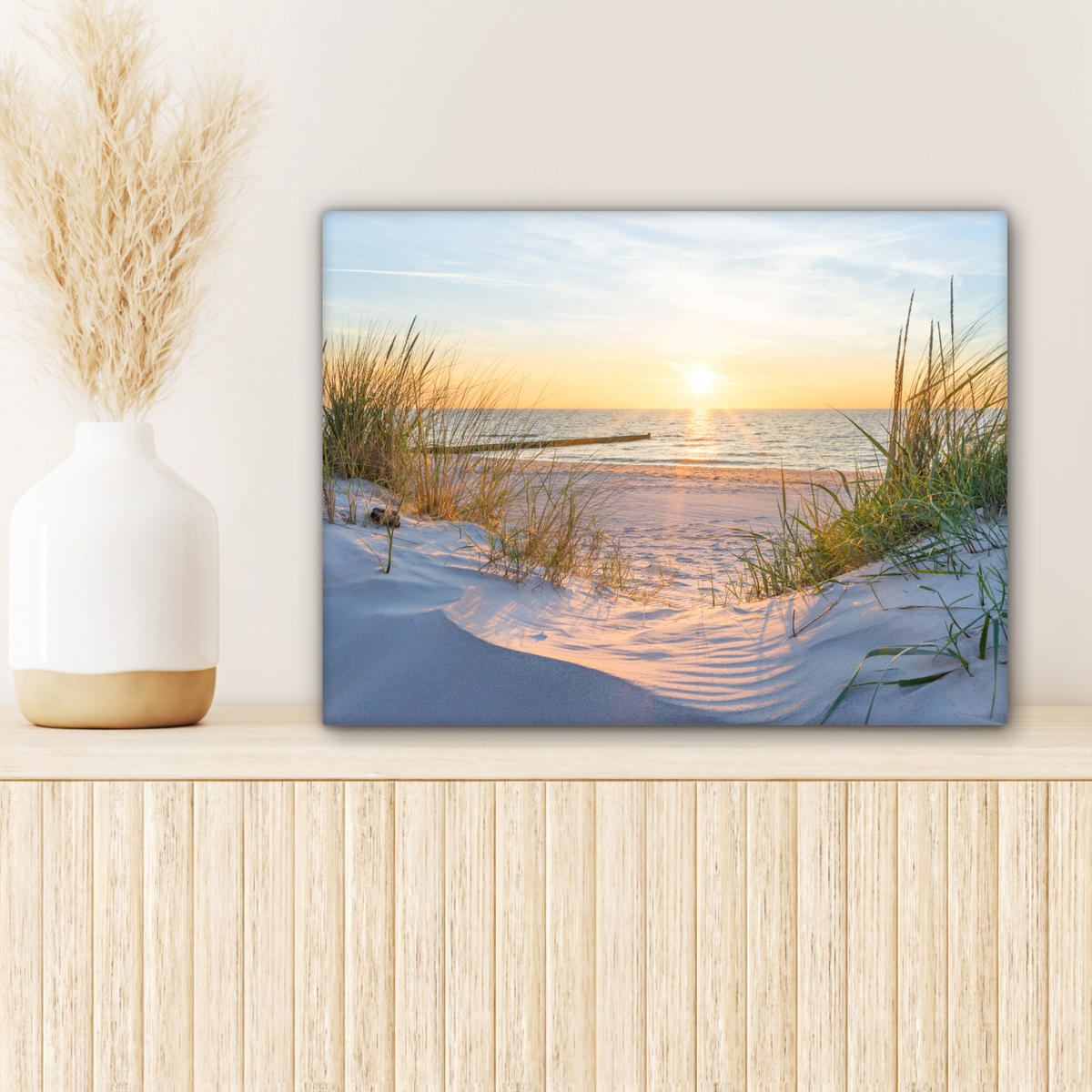 LEINWANDBILD Strand - Sonne - Düne - Gras - Sand - Horizont Wandbild 40x30 cm - Hellblau, Textil (40/30cm) - MuchoWow