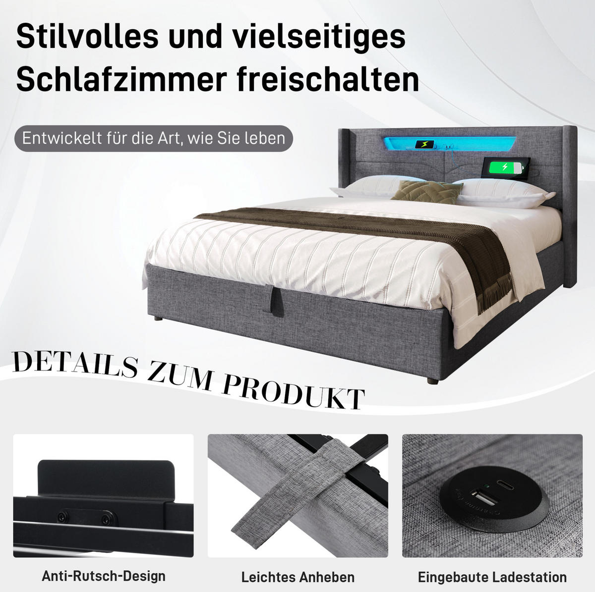 POLSTERBETT 160x200 cm in Grau mit LED-Beleuchtung, USB-C und Bettkasten - Grau, Textil (160/200cm) - IVMEU