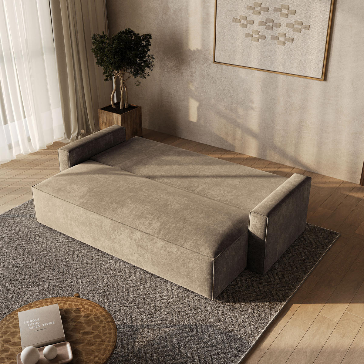 BETTSOFA MENI LM Beige Chenille-Stoff mit Schlaffunktion - Beige, Textil (232/85/87cm) - MASSENO