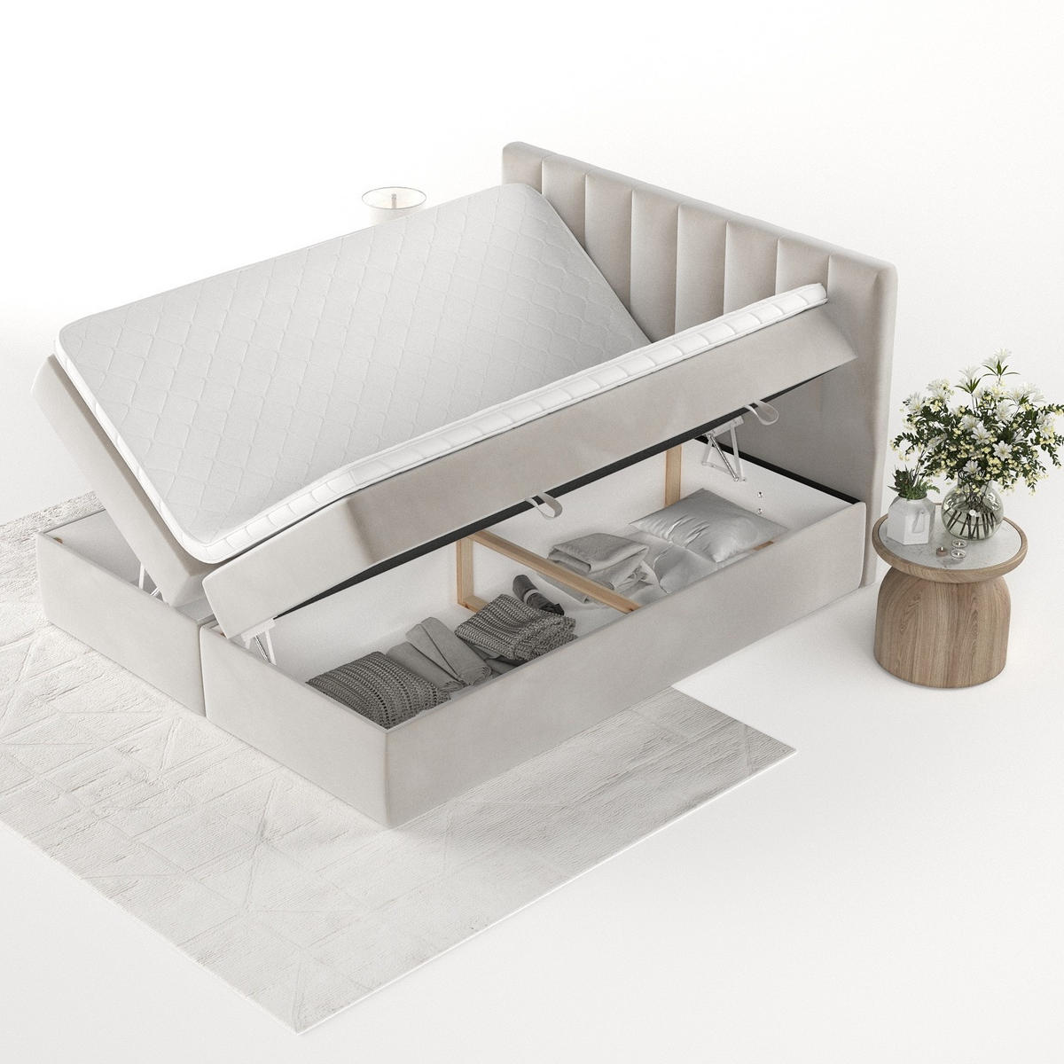 BOXBETT Bari 200/200 cm Hellbeige im Paros Stoff - Beige, Holz/Holzwerkstoff (200/200cm) - AltaBeds