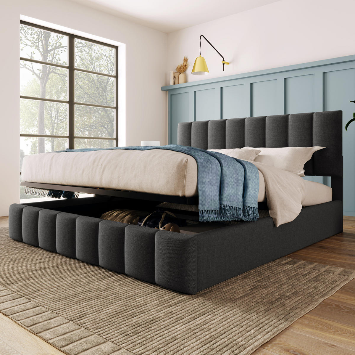 POLSTERBETT 140/200 cm Grau mit Stauraum und verstellbarem Kopfteil aus Leinen - Grau, Textil (140/200cm) - OKWISH