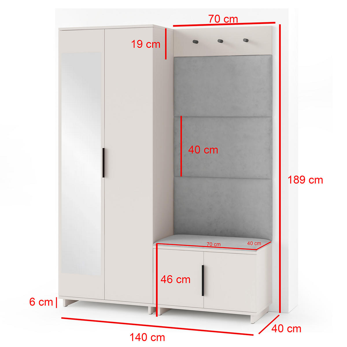 GARDEROBE Napoli 3 Kleiderschrank mit Polsterpaneelen Schwarz - Beige/Schwarz, Holzwerkstoff (140/189/40cm) - Jerpax