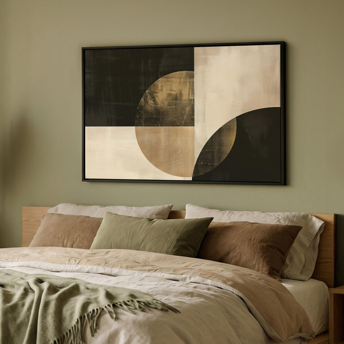 LEINWAND Bilder mit Rahmen - Abstrakt - Geometrische Formen - Schwarz - Gold - 90x60 - Ecru, Textil (90/60cm) - MuchoWow
