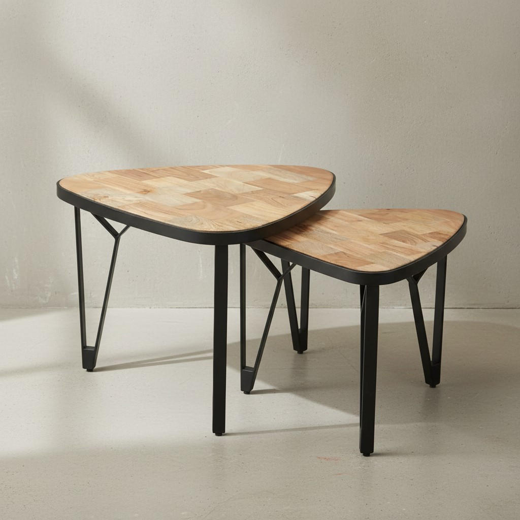 COUCHTISCH Set – Massivholz Metall Braun Schwarz platzsparend Industrial - Beige/Schwarz, Holz/Metall (60/60/45cm) - KADIMA DESIGN