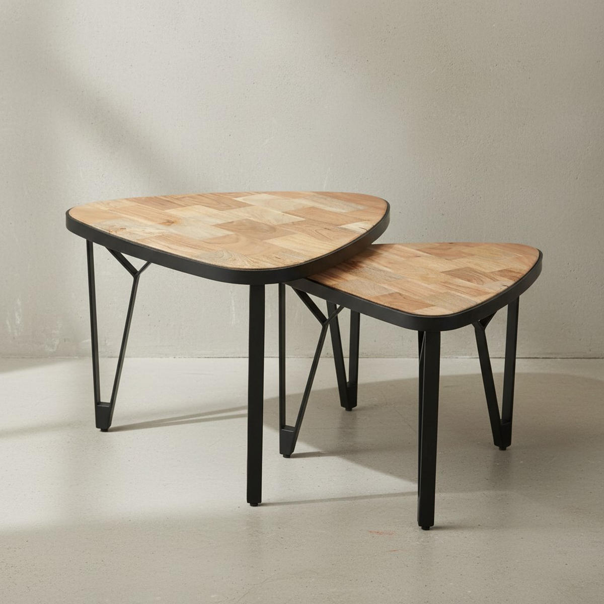 COUCHTISCH Set – Massivholz Metall Braun Schwarz platzsparend Industrial - Beige/Schwarz, Holz/Metall (60/60/45cm) - KADIMA DESIGN