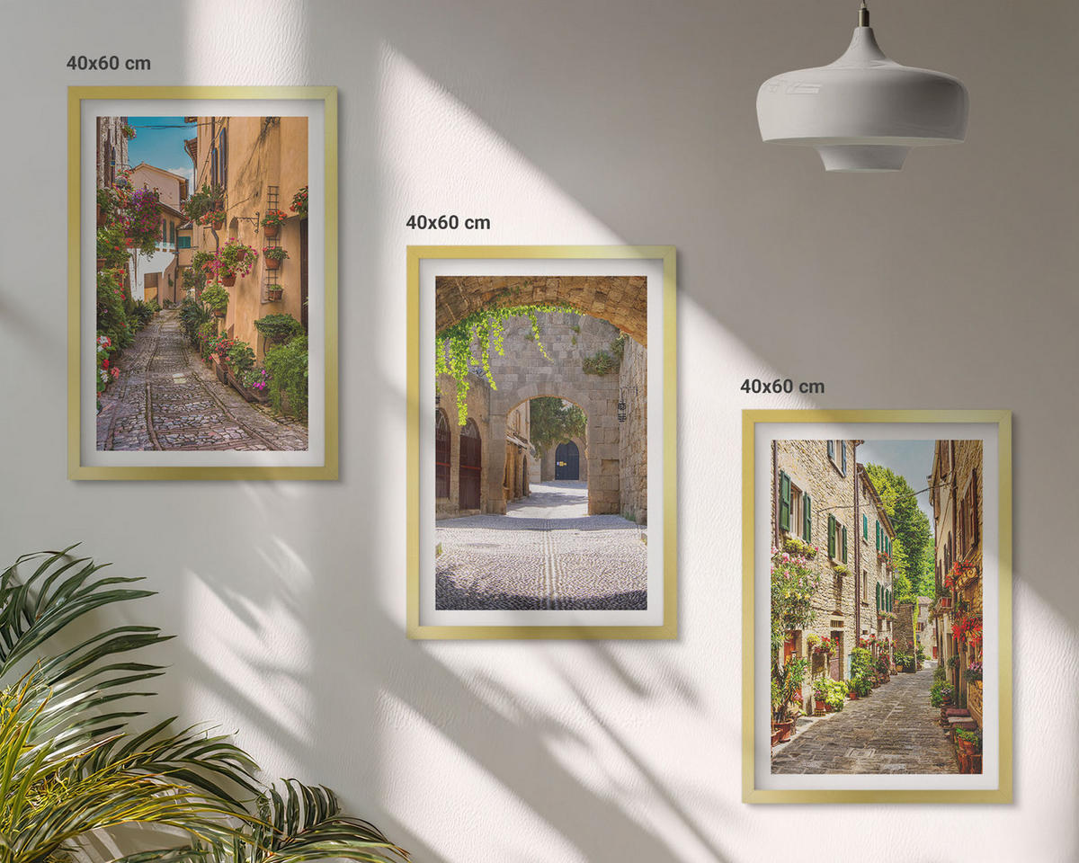 BILDER SET 3er Set - 40x60 cm Goldrahmen - Italienische Straßen, Blumen, Architektur - Goldfarben, Kunststoff (40/60cm) - TULUP