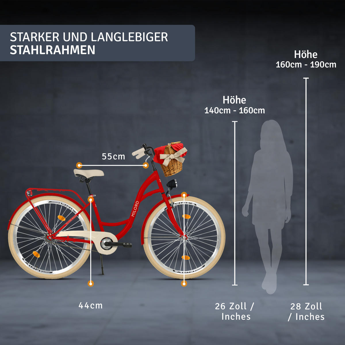 CITY-FAHRRAD Milord mit Weidenkorb, 28 Zoll, Rot, 1-Gang - Rot, Metall (46cm) - Milordbikes