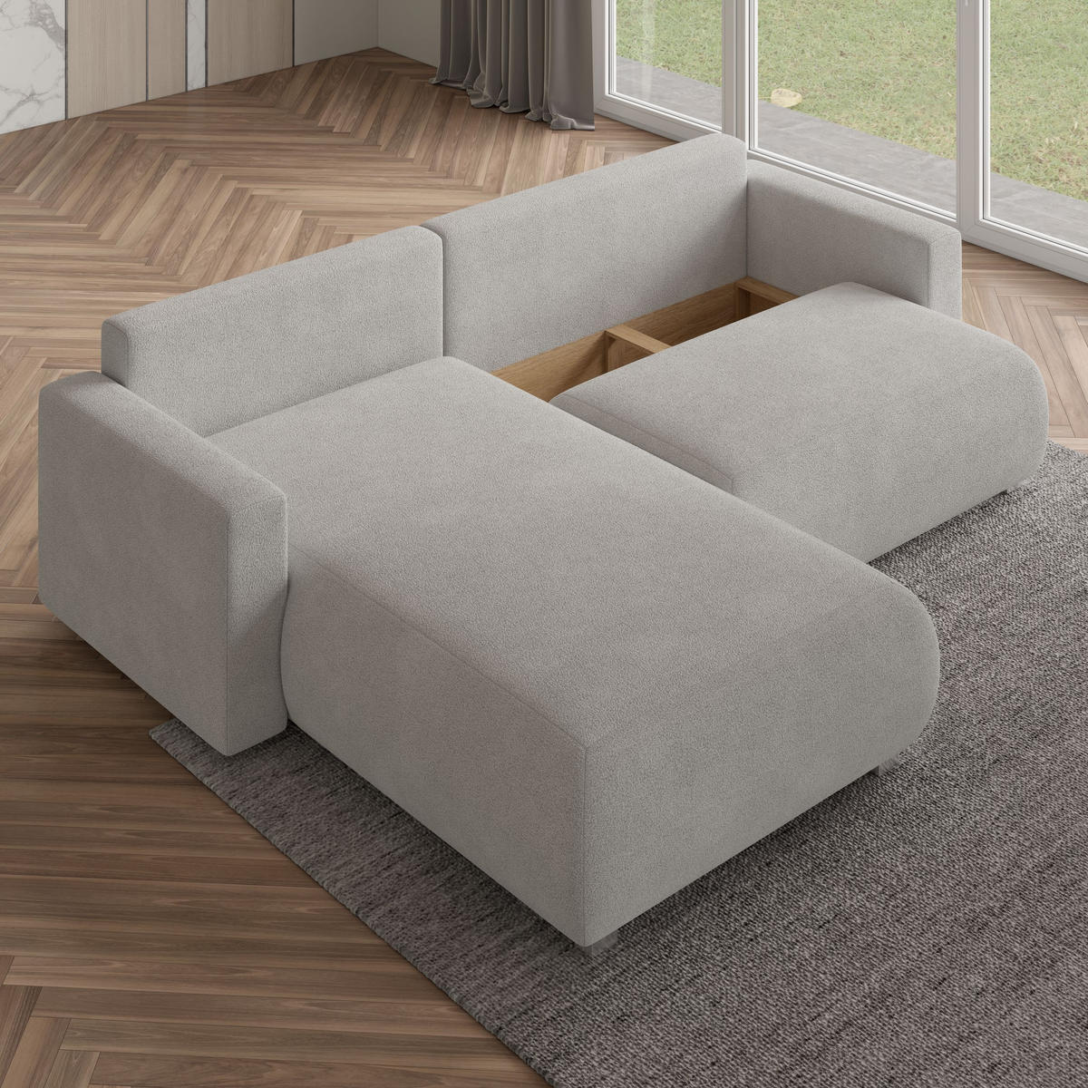 ECKSOFA TURIN N Grün Bucle-Stoff mit Schlaffunktion - Grün, Holz (265/183cm) - MASSENO