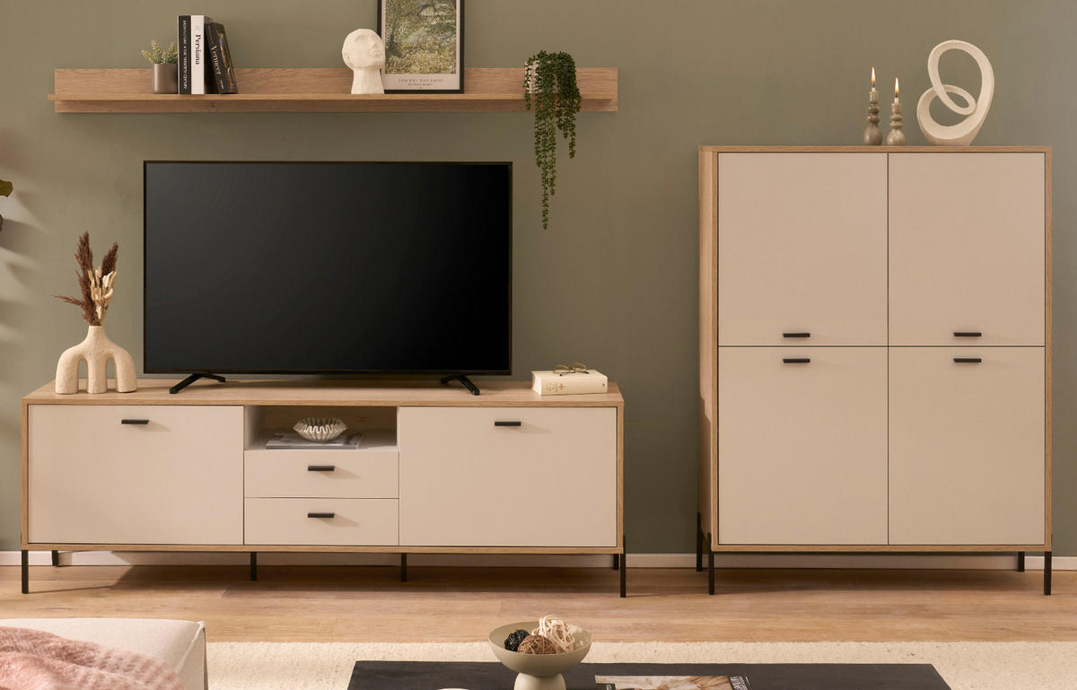 WOHNWAND Kaschmir, Eiche 320 cm Set 3-teilig, Wohnkombination mit Soft-Close - Kaschmir/Eichefarben, Holzwerkstoff/Metall (320/170/40cm) - Furn.Design