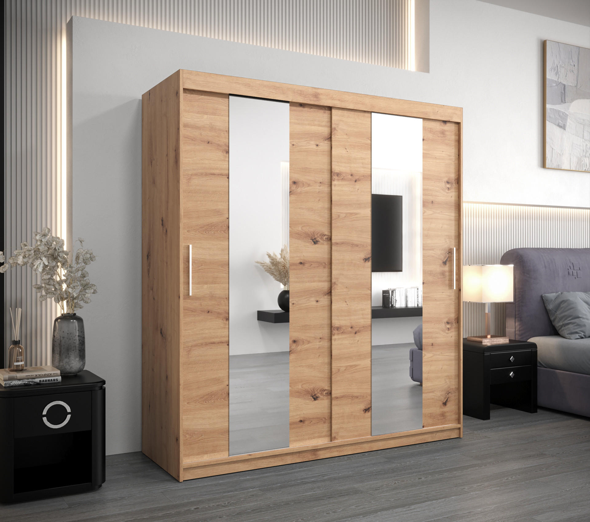 SCHWEBETÜRENSCHRANK 200/180/62 2-türig - Silberfarben/Eiche Artisan, Holz/Kunststoff (180/200/62cm) - MÖBEL KRYSPOL