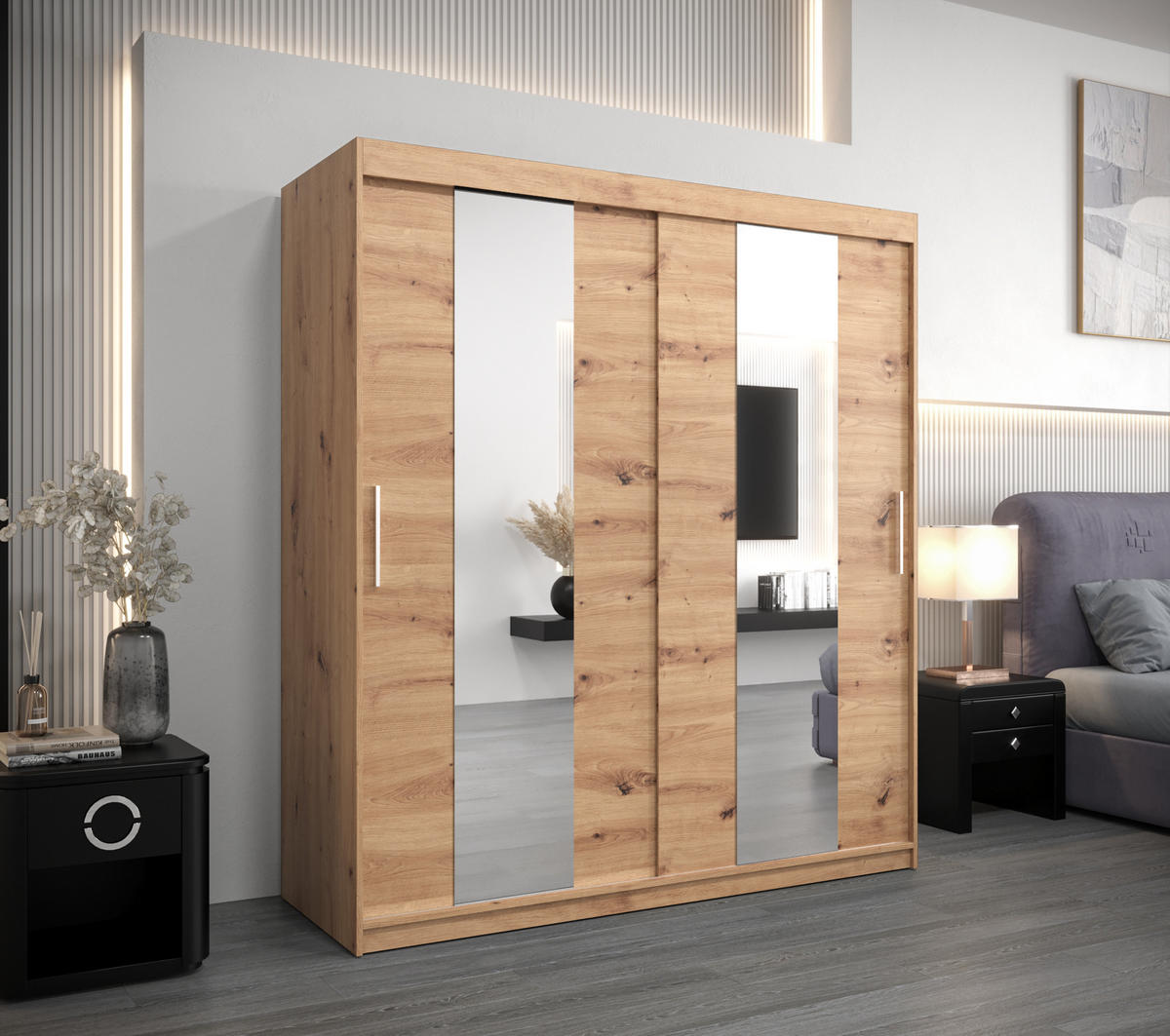 SCHWEBETÜRENSCHRANK 200/180/62 2-türig - Silberfarben/Eiche Artisan, Holz/Kunststoff (180/200/62cm) - MÖBEL KRYSPOL