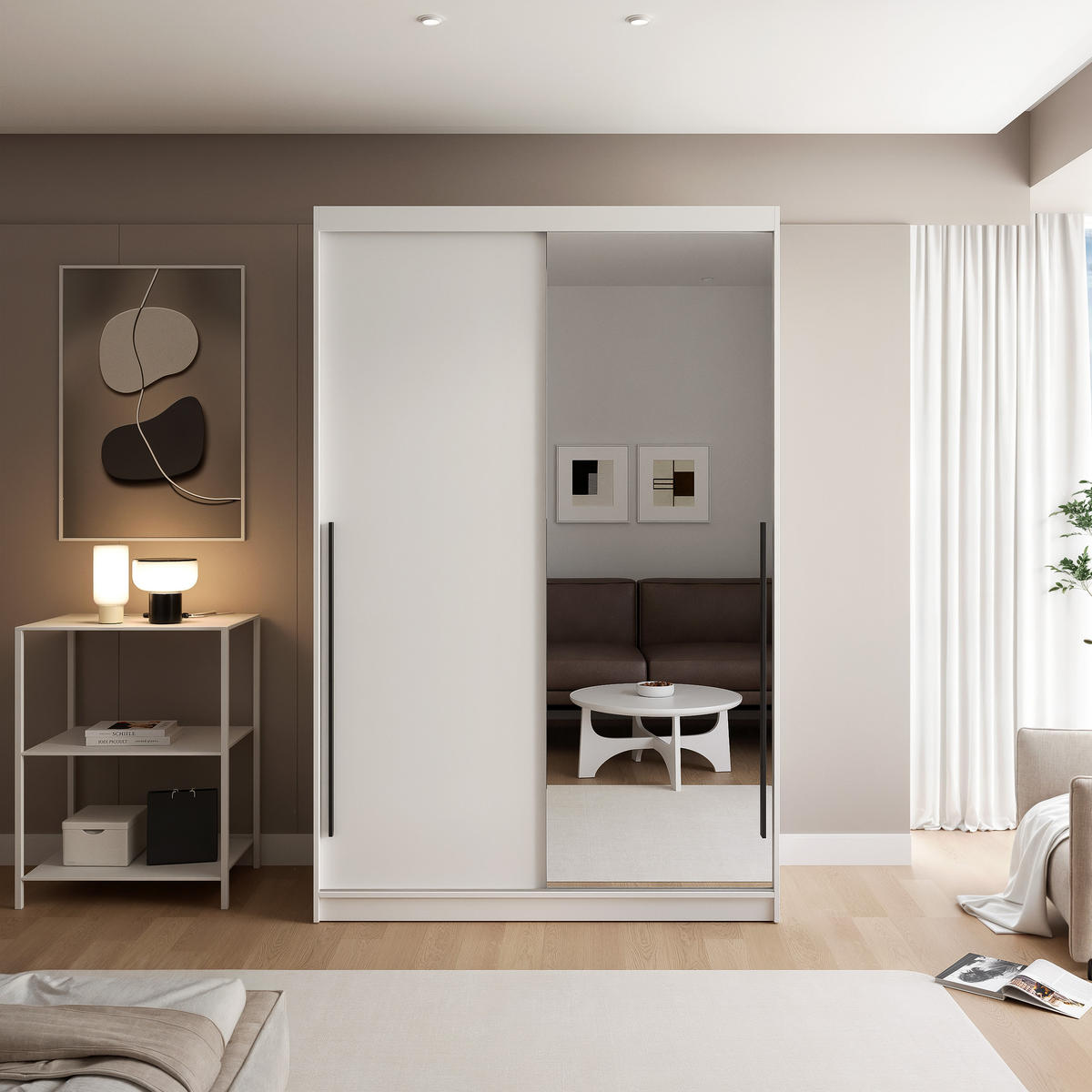 SCHIEBETÜRENSCHRANK SILENTE 140 cm mit Einlegeböden und Kleiderstange - Weiß, Holzwerkstoff (140/205/60cm) - Idohome