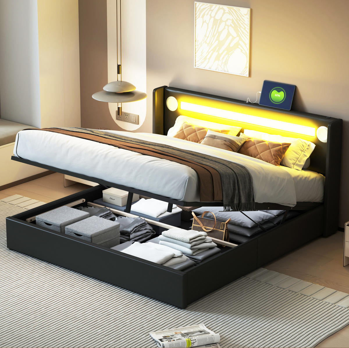POLSTERBETT mit Stauraum 160x200 cm PU-Leder Schwarz mit LED Bluetooth/USB - Schwarz, Metall (160/200cm) - Meubliv