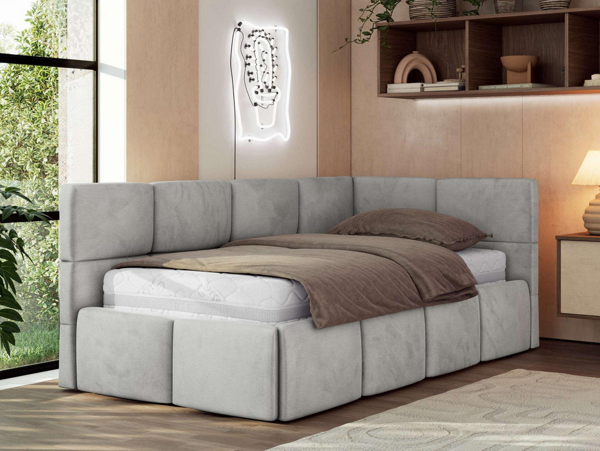 JUGENDBETT ARVO 90/200 - Hellgrau Velvet - ohne Matratze - Rechts Seite - Hellgrau, Textil (200/90cm) - MKS